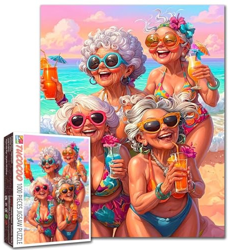 Grandmas at Beach with Cocktails Jigsaw Puzzles for Adults 1000 Pieces Bikini Ocean Summer Scene DIY Puzzles for Family Activity Games Elderly Lady Art Home Wall Decor Craft Gifts 19.7 x 27.6 Inch