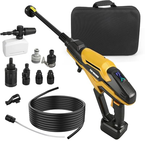 Akku Hochdruckreiniger für Dewalt 18/20 V, Verbesserter tragbarer 68 Bar Hochdruckreiniger mit 3 einstellbaren Stufen, 6-in-1 Sprühdüse für Auto Boden Bewässerung (Gelb, für Dewalt)