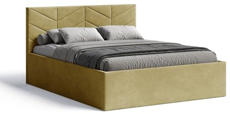Meblofun Polsterbett Losange mit Kopfteil, 180x200 cm, Doppelbett mit Bettkasten und Lattenrost aus Holz, Velourstoff, Farbe: Gelb