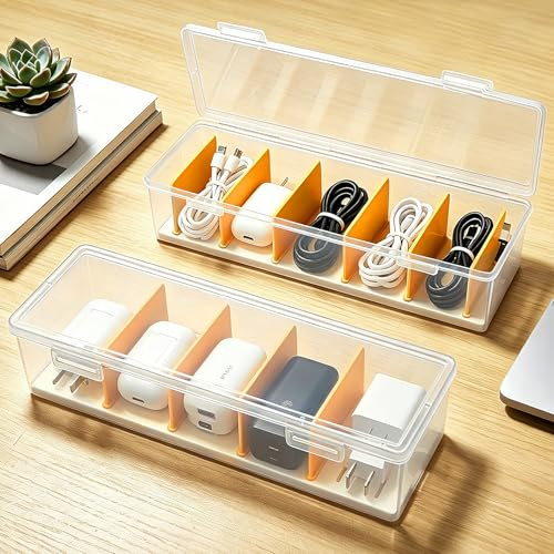 Eborrkee Cable Management Box Storage Organiser Small for Charger Organiser | 7 Adjustable Compartments Data Tidy with Lid, Transparent&Orange Desk Wire Tidy for Office, Home Charger Storage