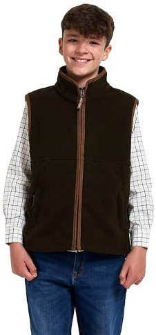 JACK PYKE Junior Kids Countryman Thermal Fleece Gilet – Warm 300g Sleeveless Outdoor Bodywarmer with Zipped Pockets and Faux Leather - Vest for Boys & Girls - Navy Blue & Dark Olive, Size 3-12 Years
