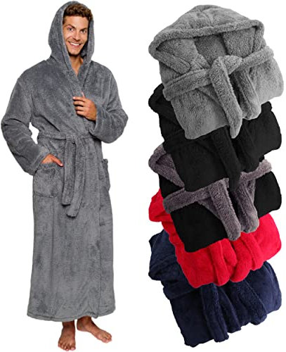 Ross Michaels Herren-Bademantel mit Kapuze, groß, lang, Plüsch-Fleece, mit Kapuze und Taschen, Geschenk für Herren und Jugendliche, Grau, Large