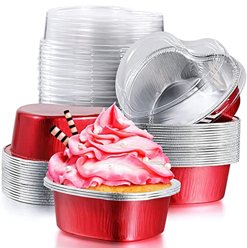 LIZHOUMIL 50 Pcs Tin Foil Aluminum Foil Pudding Cup With Lid Heart-shaped Disposable Mini Mousse Cupcake Containers Baking Mould Red