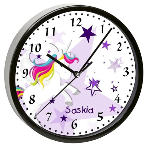 CreaDesign, WU-01-1129-05, Einhorn Sterne Lila Wanduhr für Kinderzimmer, personalisierbar mit Namen, Rahmen schwarz, Durchmesser 19,5 cm