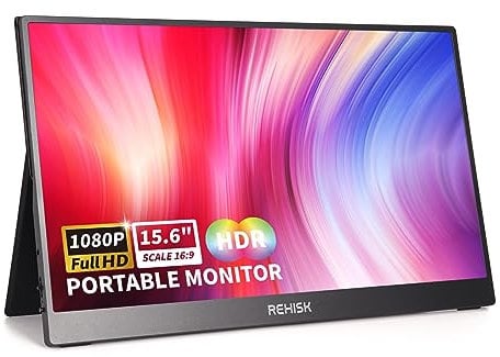 ReHisk External Travel Monitor, FHD 1080P, 15.6'', Portable, IPS Eye Care Computer Display HDMI USB-C VESA with Smart Cover&Dual Speakers for Mac PC Phone PS4/5 Xbox Switch, Laptop