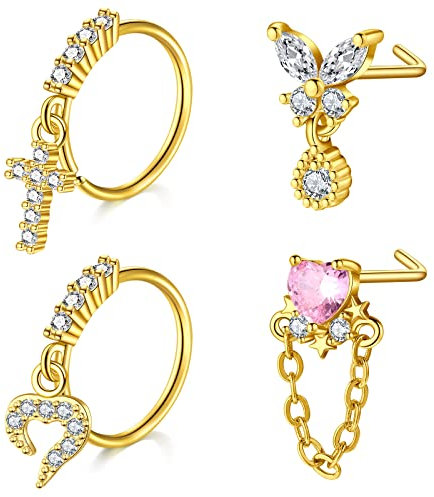 Mayhoop Nasenpiercing Stecker Nasenringe 20G 4Stk Goldene Chirurgenstahl L Form Nasenstecker mit Strass für Frauen Männer