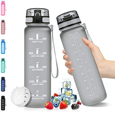 Vikaster Bouteille d'eau, Gourde Sport 1 Litre, sans BPA, Étanche & Réutilisable, Water Bottle Ouvrir en un Clic, Convient Pour la Gym, le Yoga, le Camping, Gourde Randonnée