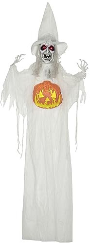 HOMCOM 183cm Halloween Dekoration mit Kürbiskopf, Halloween-Geist mit LED-Lichter, Horror-Geräusche, biegbaren Arme, Skelett, Garten Dekofigur in Lebensgröße für Diele