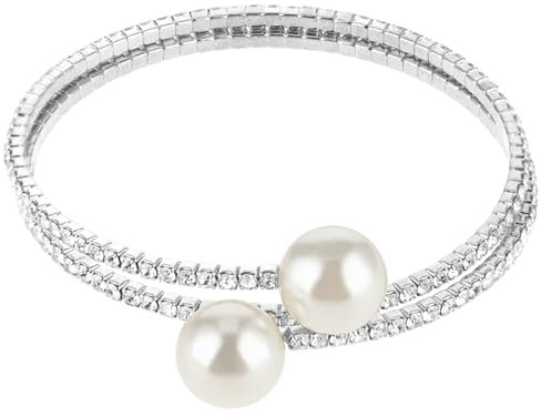 Telooco Strass Armband Damen Glitzer Tennis Armreif Perlen Offenes Armband Verstellbar 2 Reihen Strass Armbänder Hochzeit Braut Schmuck für Frauen Mädchen 1920S Stretch Armbänder (Silber)