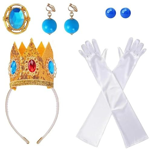 8 Stück Prinzessin Peach Kostüm, Prinzessin Kostüme Set, Peach-Princess Costume mit Krone, Brosche, 4 Ohrringen, 2 Handschuhe für Halloween, Geburtstagsfeier, Cosplay Dress Up, MäDchen Dekoration