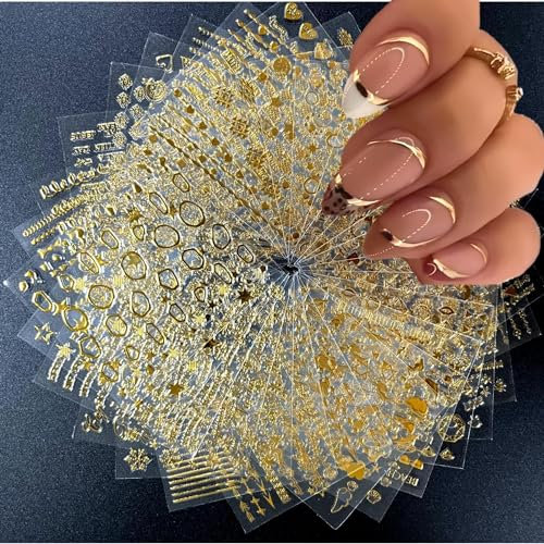 Nagelsticker Gold,30 Blatt Nagelsticker Selbstklebend mit Gold Linien Stern Blatt Brief Lächeln Sommer Dekoration, Nägel Aufkleber Nail art Zubehör Nageldesign Starter Set, Nägel Selber Machen