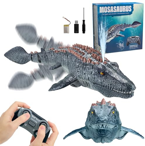 ALEENFOONFjärrstyrd Mosasaurus, RC vattenbåt med spraydimma, dubbel propeller, 2,4 GHz fjärrstyrning, leksak, barnbåt