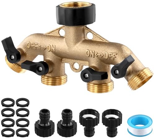QWORK® 4 Wege Verteiler Wasser, G3/4 Messing Wasserhahnverteiler, Wasserverteiler mit 4 Gartenschlauch Adapter, Garten Schlauch Wasserhahn Verbinder Set