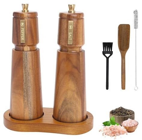 Foyucool Wooden Salt and Pepper Grinder Set with Brush and Spoon, 8 inch Manual Salt and Pepper Mill, Adjustable Coarseness, Refillable Pepper Grinder with Ceramic Core for Kitchen, Brown+Brown