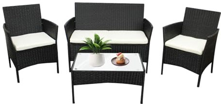 Holywarm Rattan Garden Furniture Set: 4-Piece Outdoor Patio Furniture Set with Table and Chairs, Garden Conversation Bistro Sofa Set for Yard, Pool, or Backyard (Black + Beige Cushions)