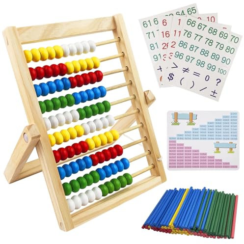 Fousenuk Rechenschieber Grundschule, Rechenhilfe mit 100 Mehrfarbigen Perlen/Zählstäbchen/Digitale Karten, Zählen Rechnen Hölzerne Abakus, Abakus für Kinder für Kinder ab 3 Jahren, Lernspielzeug