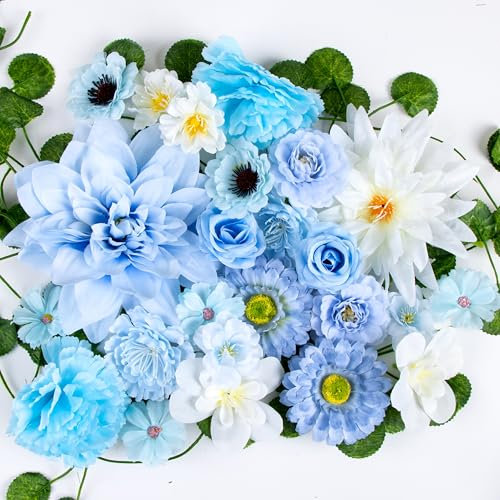 Foshird Künstliche Blumen Deko Blau Blumenköpfe 4-14cm mit Künstliche Girlande Frühling Fake Flowers Kunstblumen Wie Echt Seidenblumen für Basteln DIY Hochzeit Home Party