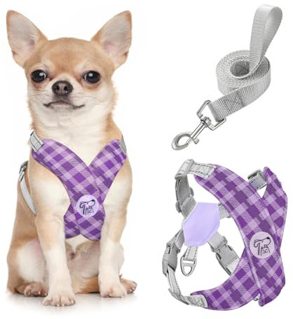 Pawaboo Hundegeschirr mit Hundeleine Set, X-Rahmen Verstellbares Anti Zug Anti-Erstickung Hund Brustgeschirr für Kleine, Mittelgroße Hunde & Welpen, Hundeweste mit Leine, S, Violett Kariert
