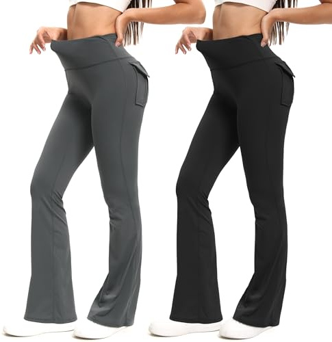 MiDoDo 2 Packs Frauen Flare Leggings mit Taschen, Weiche, Hoch taillierte,Bauchfreie Bootcut-Workout Yoga-Hosen