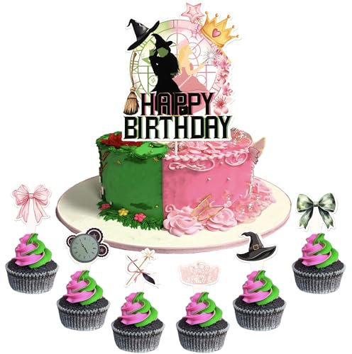 Xsstarmi 25 Pack Princess Witch Happy Birthday Cake Topper Pink Green Bow Crown Cupake Pick Broom Magic Witch Cake Decorations for Halloween Wizard Baby Shower Birthday Party Cake Supplies
