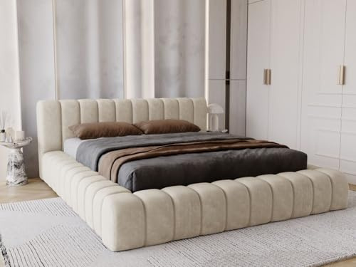 GRAINGOLD Italia Bett 160x200, Polsterbett mit Bettkasten, Polsterbett mit Stauraum, Samt Stoff, mit Lattenrost, mit Kopfteil, ohne Matratze (Beige, 160x200)