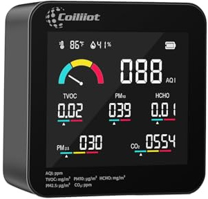 Coiliiot Indoor Air Quality Monitor, CO2 HCHO TVOC PM2.5/PM10 Detector with Temperature & Humidity Meter, Real-Time AQI Tester for Home Office (Black)