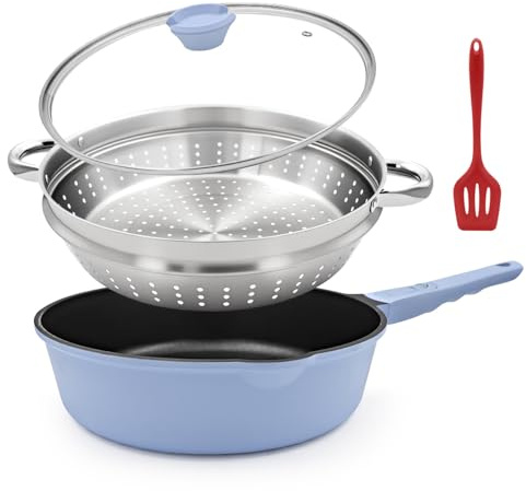 Non Stick Frying Pan Skillet with Steamer, 28cm Nonstick Sauté Pan-Blue | with Lid & Detachable Handle, Compatible with All Cooktops, Oven Safe, PFOA PFOS Free
