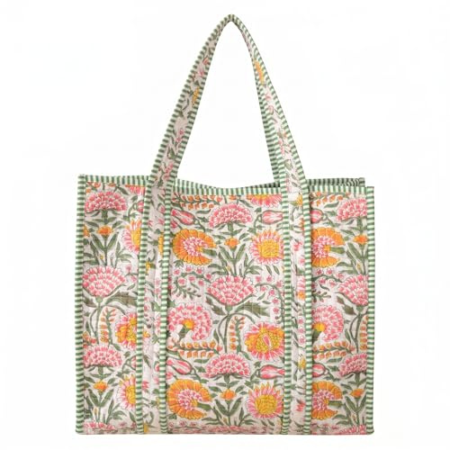 THE ART BOX Reusable Quilted Grocery Bag With Inner Pockets – Handmade Large Tote Bag for Women, Eco-Friendly 100% Cotton Boho Shoulder Bag for Shopping & Travel - MultiColour