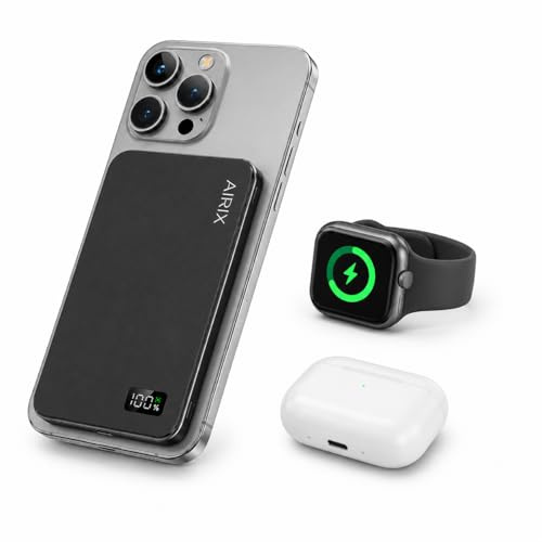 AIRIX 3 in 1 Magnetic Portable Charger 5000mAh, Wireless Power Bank Compatible with MagSafe for iPhone 17/Air/16/15/14/13/12, Apple Watch & AirPods, Ultra Slim Lightweight Emergency Travel Charger
