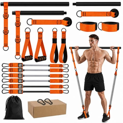 SOONHUA Widerstandsband Set Pilates Stange Fitnessbänder | 19-teiliges Fitnessband Set mit 270LBS Widerstand für Pilates, Krafttraining und Ganzkörpertraining zu Hause oder im Gym