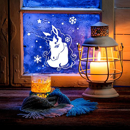 Fensterbild Einhorn im Winter Fensterbilder Fensterdeko 23 x 20cm + Schneeflocken Sterne und Punkte selbstklebend für Kinder M2250 ilka parey wandtattoo-welt®