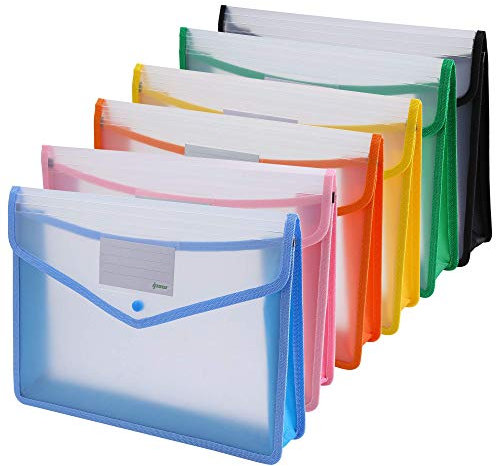 A4 Plastic Wallets, Ipow 6 Pcs Plastic Folders Document Files Folders Popper Wallet Envelope Pockets Large Capacity with Quick Snap Closure, Card Slot for Office Home School Travel