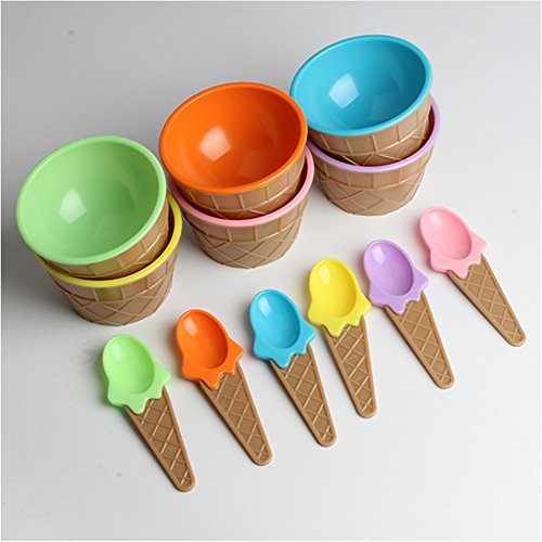 ecosway 6 Stück 6 Farbe Eis Waffel Tassen Form Kinder Dessert Schalen und Löffel Set, Double Haarverdichtung Kunststoff Ice Cream Cup, Creative Kinder anti-hot Geschirr