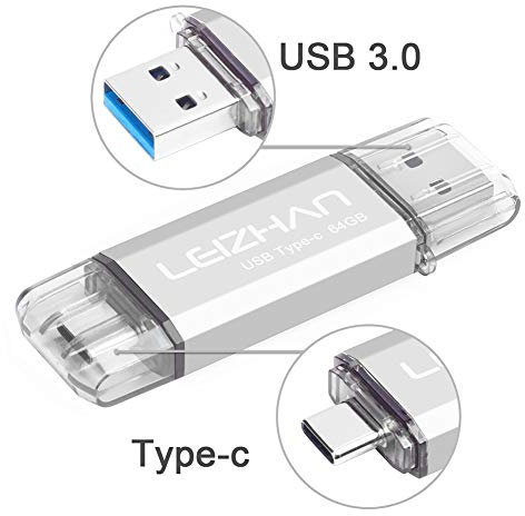 LEIZHAN Clé USB Type C 64 Go,Flash Drive USB 3.0 OTG pour Huawei Samsung Smartphone Android de Type C-Argent