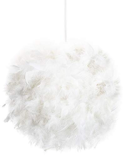 Eye-Catching and Modern Real Natural White Feather Decorated Small Pendant Light Shade 40watt Maximum Perfect Statement Piece 25cm Diameter by Happy Homewares