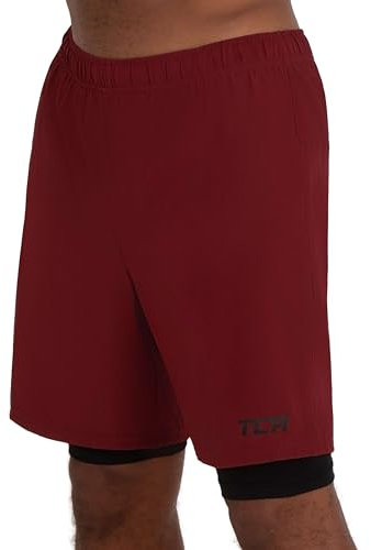 TCA Ultra Sporthose Herren kurz 2 in 1 mit Tasche - Kurze Sport Shorts Trainingshose mit Taschen - Laufhose mit Kompressions Innenhose und Reißverschluss Handytasche - Rot/Schwarz, XXL