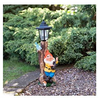 Ghega Cheeky Orange Hat Garden Gnome with Solar Powered Lamp Post Lighting Ornament Statue Decorative Piece Outdoor Automatically Switches on at Dusk