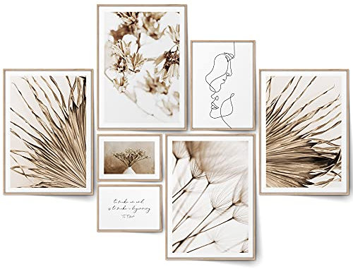 BLCKART Flores Secas Poster Set Beige Beidseitig Bedruckt Schlafzimmer Deko Bilder Trockenblumen Boho Wanddeko Wohnzimmer (L | 4xA3 | 1xA4 | 2xA5 | ohne Rahmen)