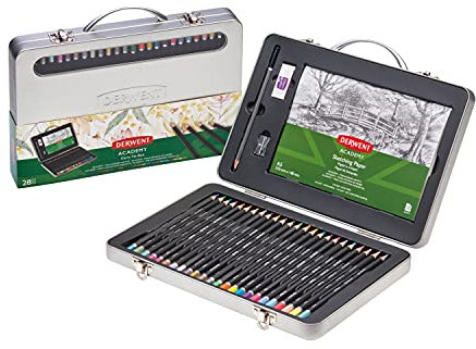 Derwent Academy Collection Metallfarbkasten, 24 Buntstifte, Skizzenstift, Radiergummi, Anspitzer, A4-Block, 28er- Set, ideal zum Malen und Basteln, Geschenkbox, 22305951