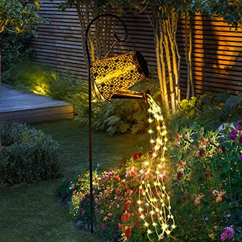 twoonto Watering Can Lights, Solar Garden Ornament, LED Watering Can Fairy Lights, Star Shower Garden Art Lights Waterproof for Home Pathway Patio Yard Outdoor Decorations with Bracket