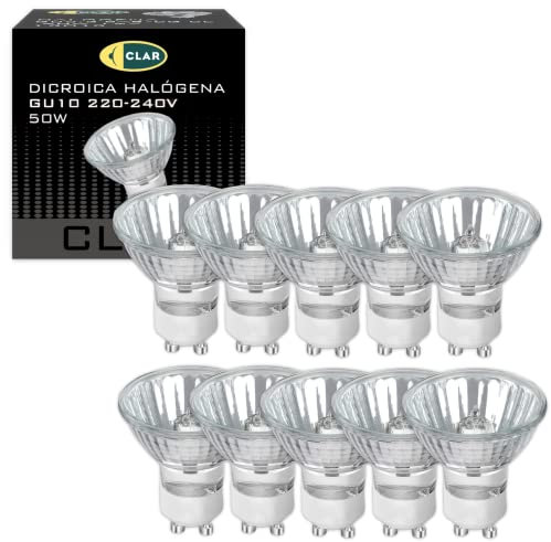 CLAR - Bombilla GU10 50W, Bombilla Halogena, Bombillas Halogenas, Focos Halógenos, Bombilla Alogena, Dicroicas (Pack 10)