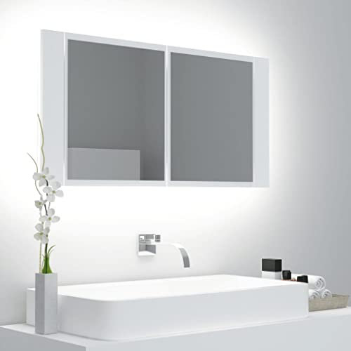 homiuse Armoire De Salle De Bain à Miroir à LED Blanc 90x12x45 CM Miroir Mural Miroir Maquillage avec 2 Étagères Meuble Miroir Durable Beau Couleur De Lumière Variable Style Minimaliste
