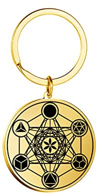 UNIFT Metatrons Würfel Schlüsselanhänger für Frauen Männer Edelstahl Heilige Geometrie Hexagramm Runde spirituelle Schlüsselanhänger Amulett-Schmuck (Gold)