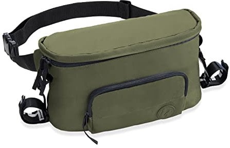 hauck Pushchair Hip Bag, Olive - Große 2in1 Bauchtasche & Kinderwagen Organizer mit Reißverschlusstasche & Verstellbarem Gurt, 17 x 11 x 32 cm, Einfache Befestigung am Buggy, für Damen & Herren