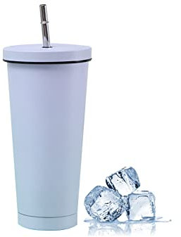 Yearninglife Vaso de acero inoxidable con pajita, vasos térmicos con tapa y paja, taza de viaje, taza de café, taza aislante para bebidas frías o calientes (500 ml, lila)