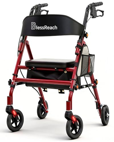 BlessReach Lightweight Foldable Rollator Walker with Seat for Seniors, Red