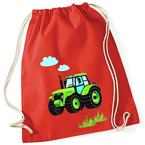 minimutz Turnbeutel Kinder Jungen aus Baumwolle | Motiv Traktor Bulldog mit Wolken & Gras | Schuhbeutel Sportbeutel zum Zuziehen mit Kordel 37cm x 46cm in Rot