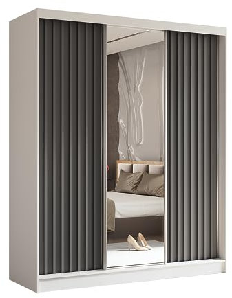MargaretHadas24 Kleiderschrank Erika mit Lamellen und Spiegel inklusive 3 Schiebetüren Schwebetürenschrank Kleiderstange Garderobe 180 cm (weiß, grau, Lamelle grau)
