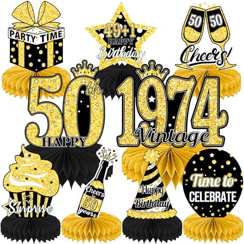 ALEGRE® 50. Geburtstag Tischdeko Schwarz Gold, 9 Stk Vintage Bienenwaben Deko Tischaufsätze, 50 Geburtstag Männer Frauen Dekoration Tischdeko für Geburtstag Party und 50 Hochzeit Jahrestag Engagemen
