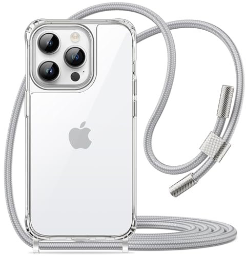 JETech Crossbody Case for iPhone 14 Pro Max 6.7-Inch with Adjustable Lanyard Strap, Clear Transparent Anti-Yellowing Shockproof Protective Phone Cover with Neck Cord (Silver)